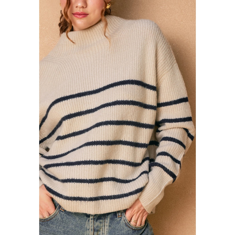 Fluffy High Neck Striped Hem Sweater in Mocha and Navy