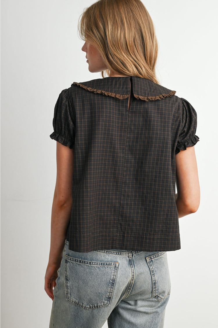 Plaid Peter Pan Collar Puff Sleeve Blouse