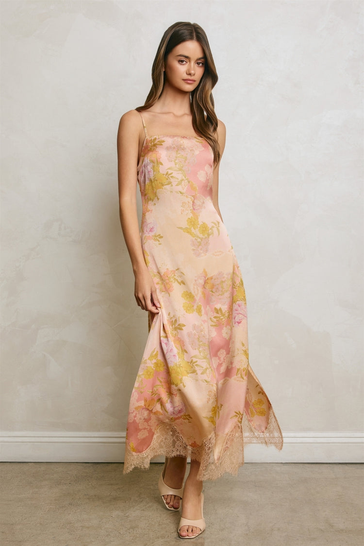 Patchwork Floral Lace Hem Midi Dress