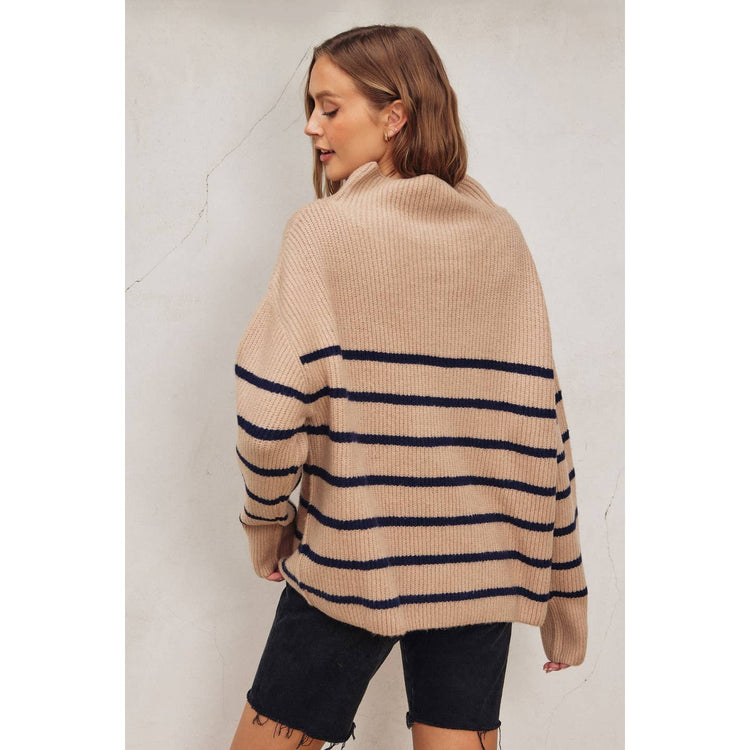 Fluffy High Neck Striped Hem Sweater in Mocha and Navy