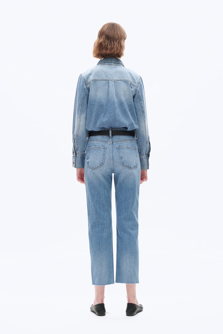 High Rise Straight Denim Jeans in Medium Blue