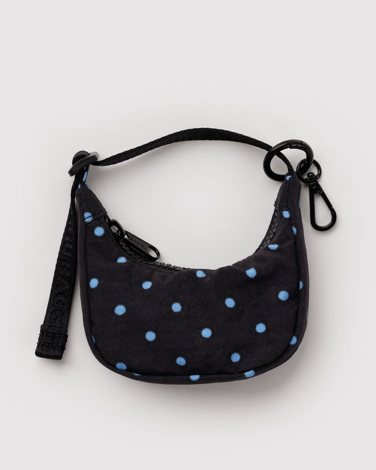 Baggu Crescent Bag Charm in Black and Sky Blue Micro Dot