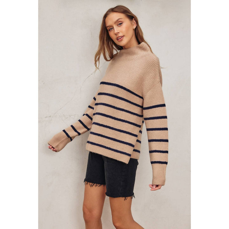 Fluffy High Neck Striped Hem Sweater in Mocha and Navy
