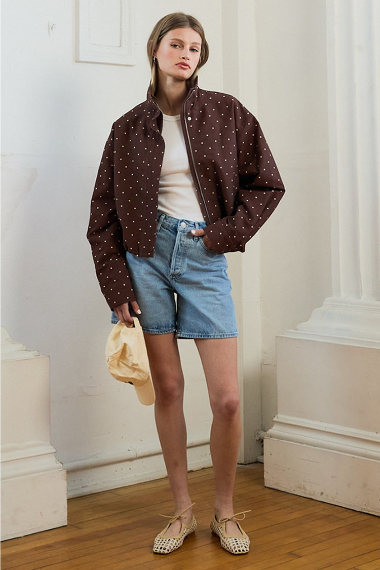 Polka Dot High Neck Drawstring Pullover Jacket