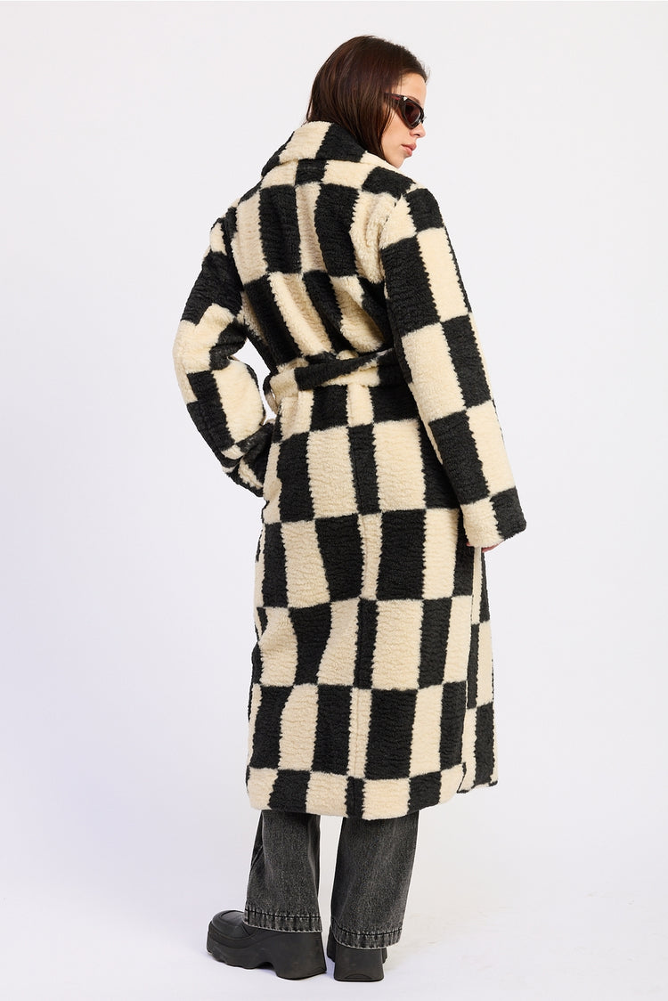 Faux Fur Collared Checkered Coat