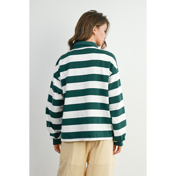 Striped Quarter-Buttoned Collared Sweatshirt