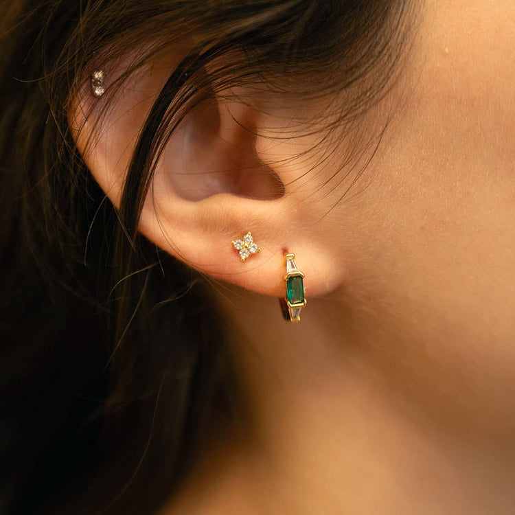 Emerald Green Crystal Baguette Huggie Hoop Earrings