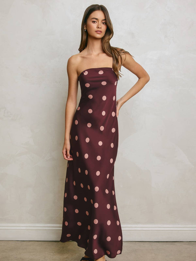 Polka Dot Satin Strapless Maxi Dress