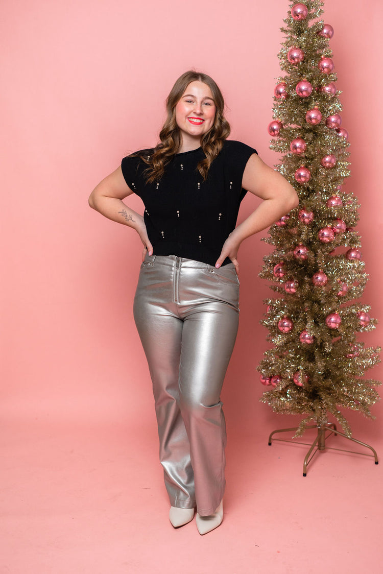Metallic Silver Vegan Leather Pants
