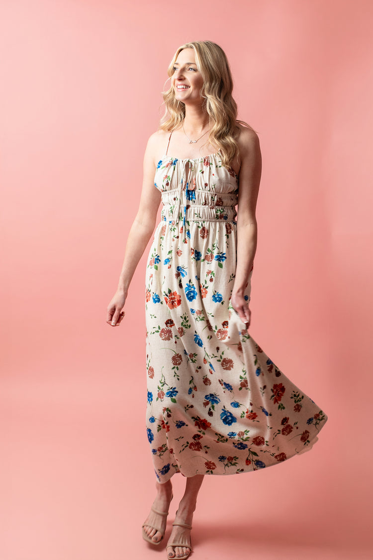 Pressed Flowers Ruched Maxi Dress