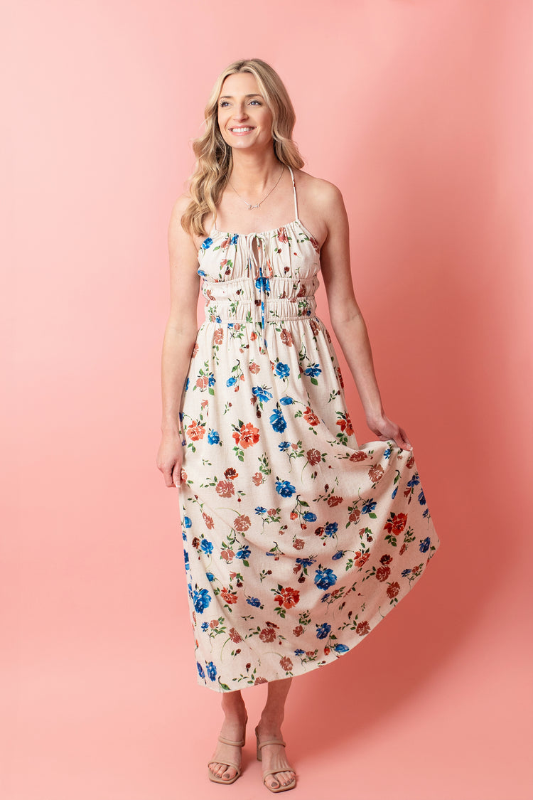 Pressed Flowers Ruched Maxi Dress