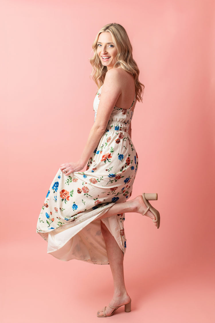 Pressed Flowers Ruched Maxi Dress