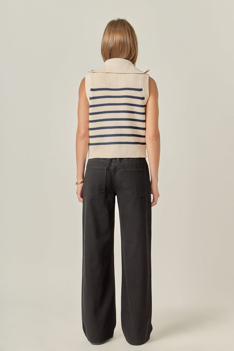Stripe Half Zip Up Sleeveless Sweater Top