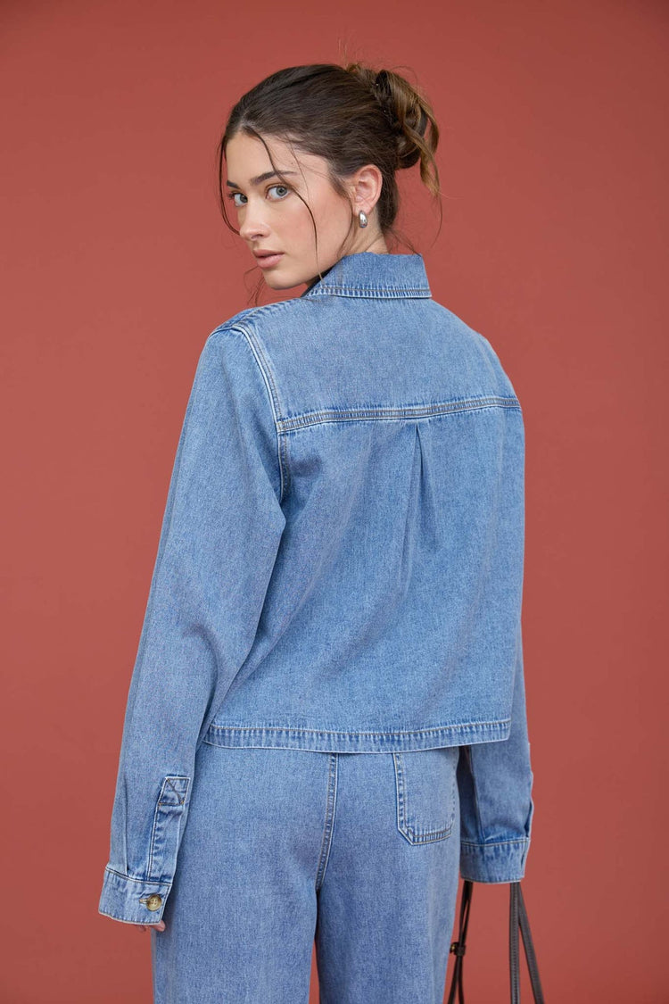 Long Sleeve Boxy Denim Cropped Blouse