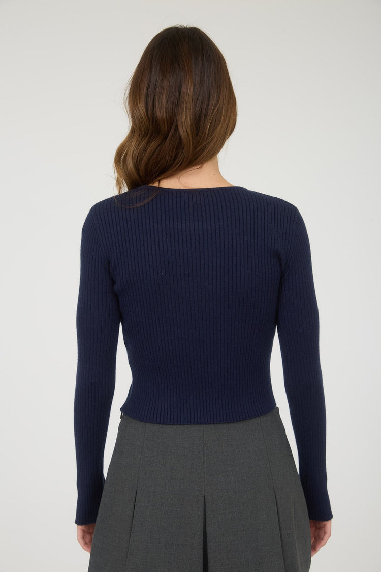 Cutout Bow Ribbed Knit Cardigan in Navy
