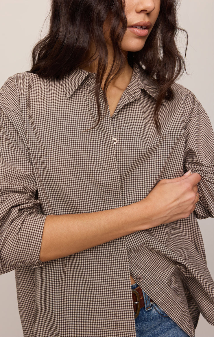 Z Supply On Duty Gingham Button Up Top Dark Chocolate