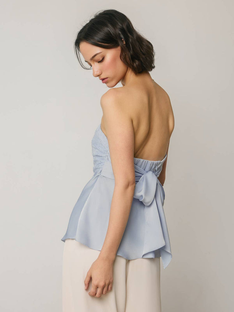 Satin Lace Strapless Flared Top in Powder Blue