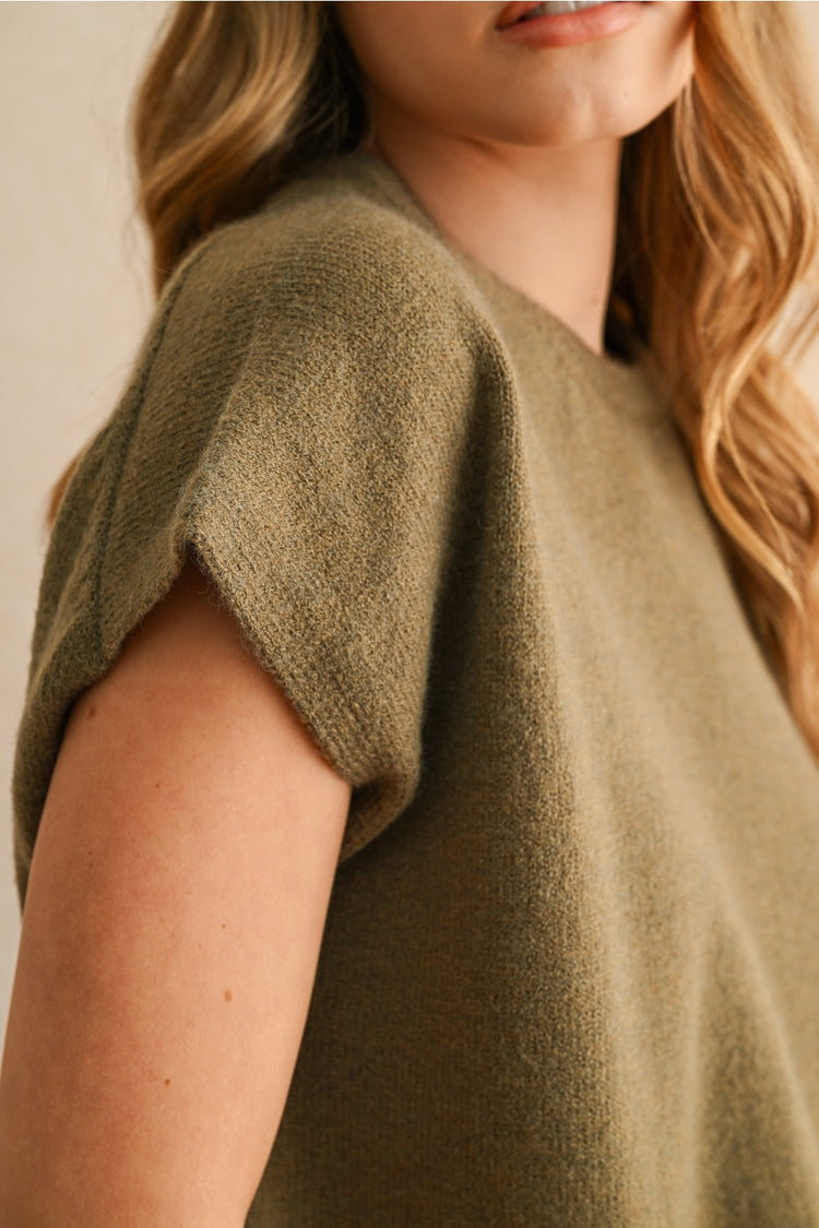 Loose Fit Short Sleeve Sweater Top in Olive
