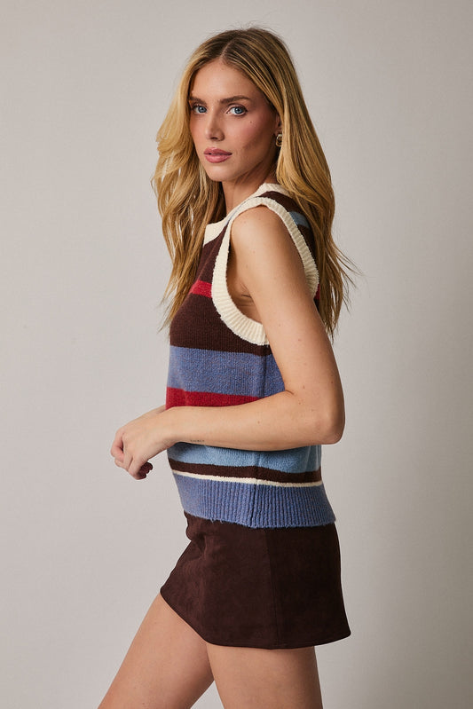 Rounded Neck Striped Sweater Vest