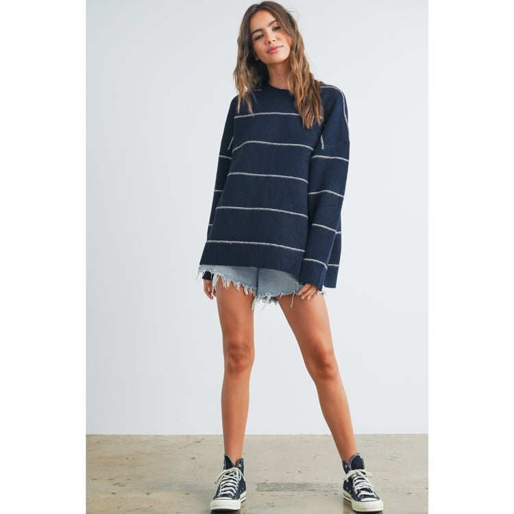 Navy Striped Pattern Drop Shoulder Sweater