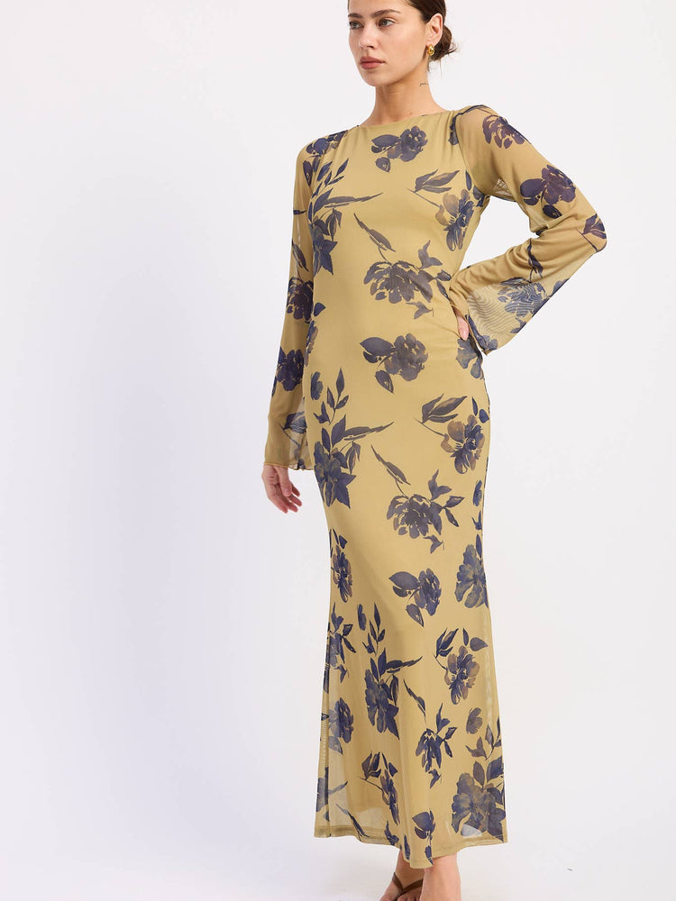 Long Sleeve Floral Print Maxi Mesh Dress with Open Back