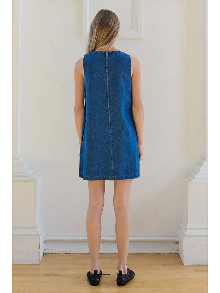 Floral Embroidered Denim Sleeveless Dress