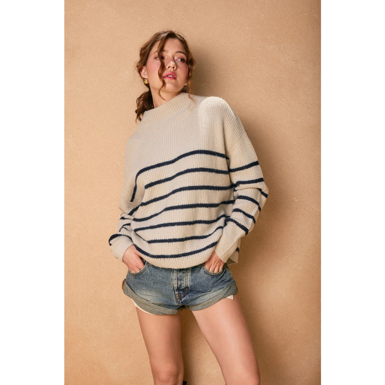 Fluffy High Neck Striped Hem Sweater in Mocha and Navy