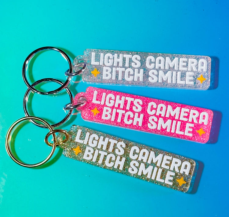 Lights, Camera, Bitch Smile Keychain GOLD