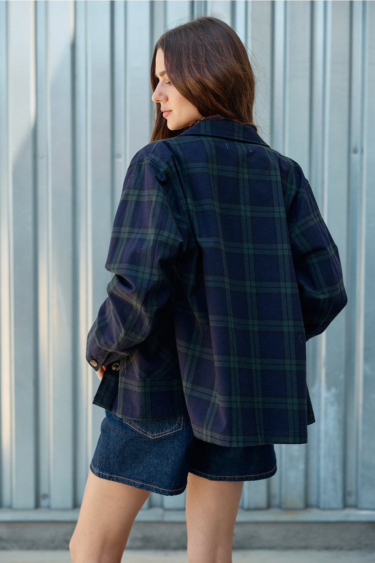 Navy Plaid Button Front Pocket Jacket