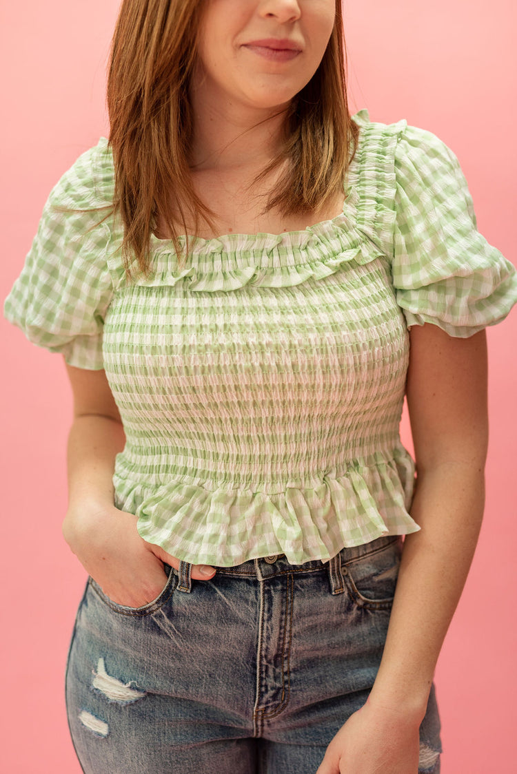 Green Gingham Peplum Smocked Top