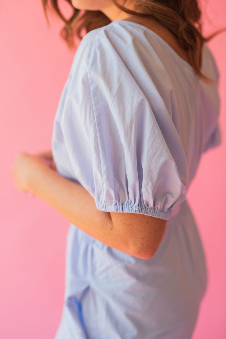Chambray Puff Sleeve Cut Out Romper