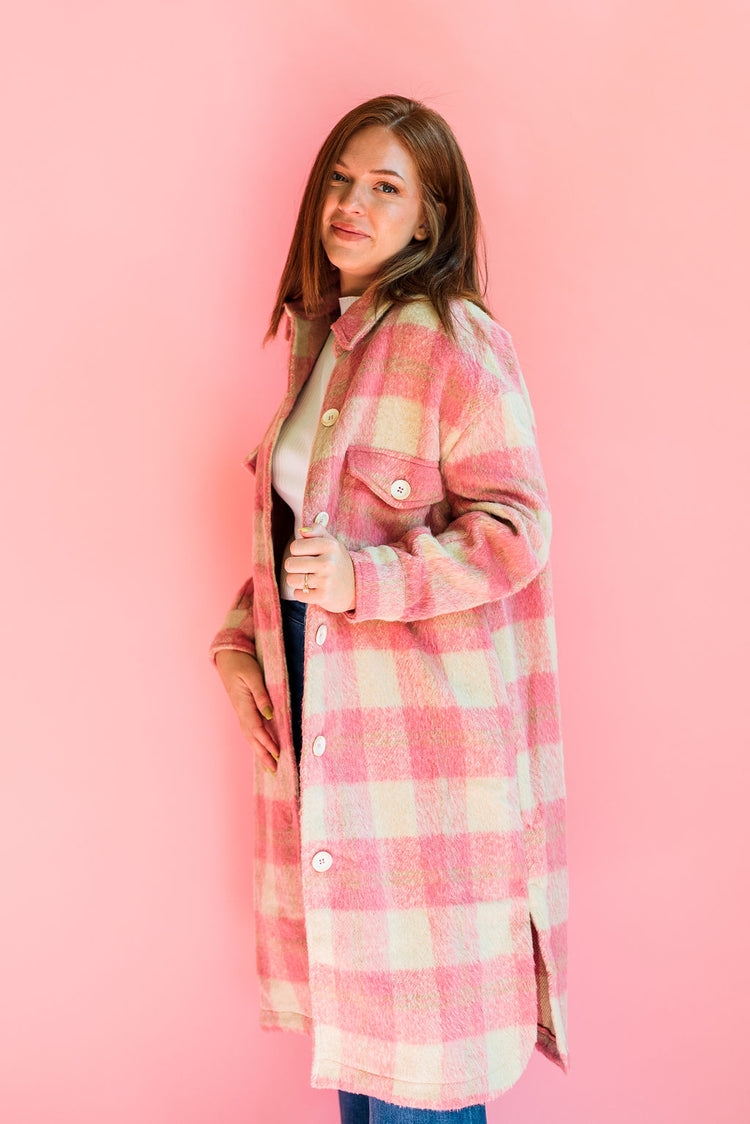 Plaid Long Shacket in Mauve