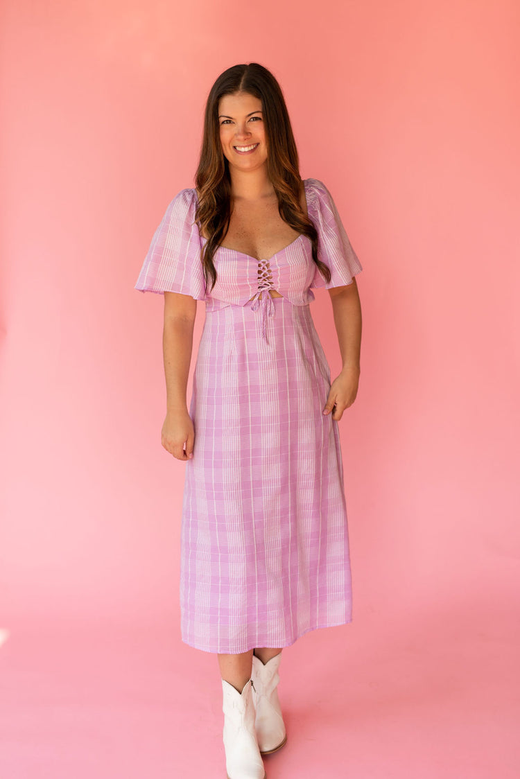 Lush Plaid Lace Up Midi Dress