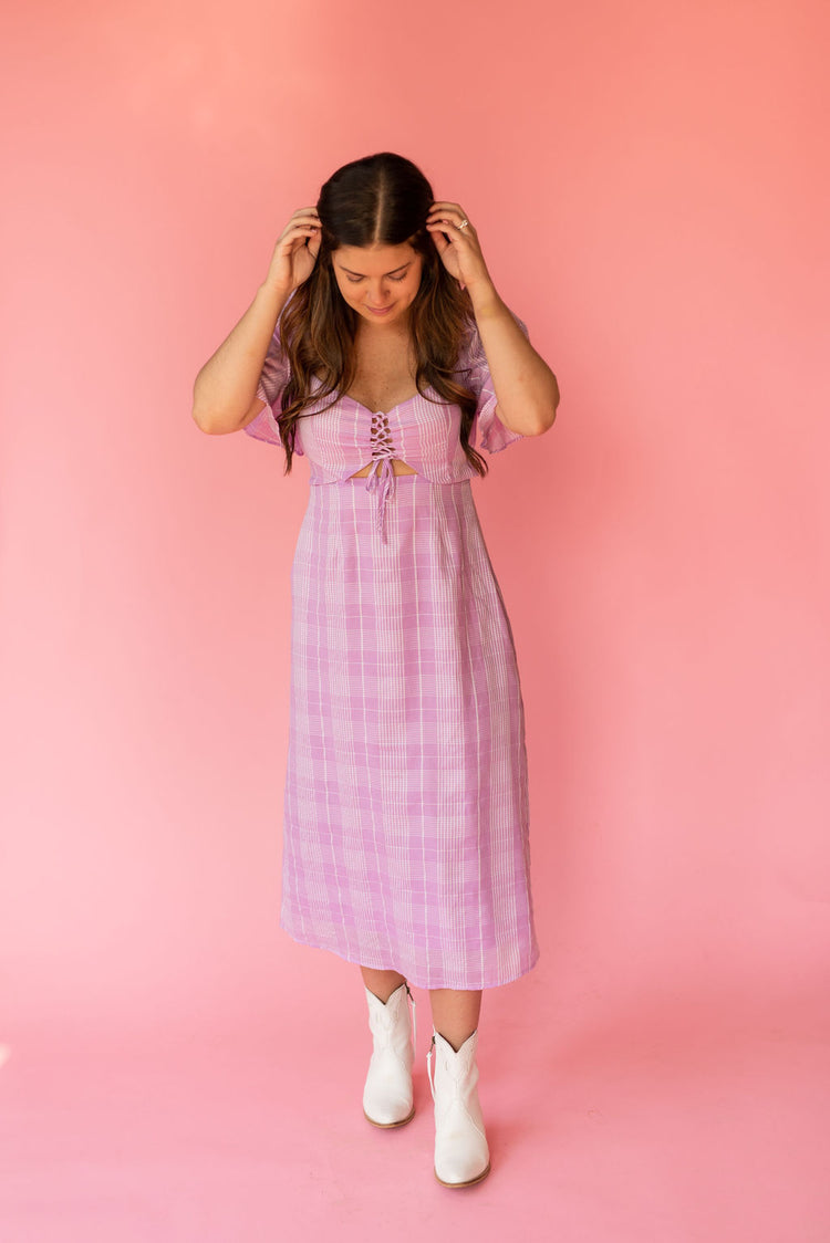Lush Plaid Lace Up Midi Dress