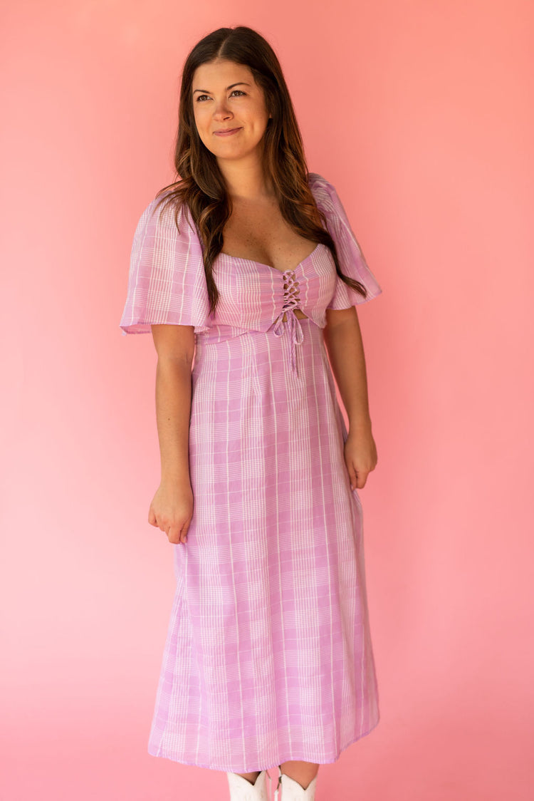 Lush Plaid Lace Up Midi Dress