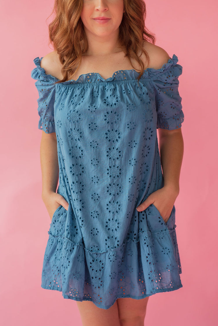 Floral Eyelet Dress in Indigo