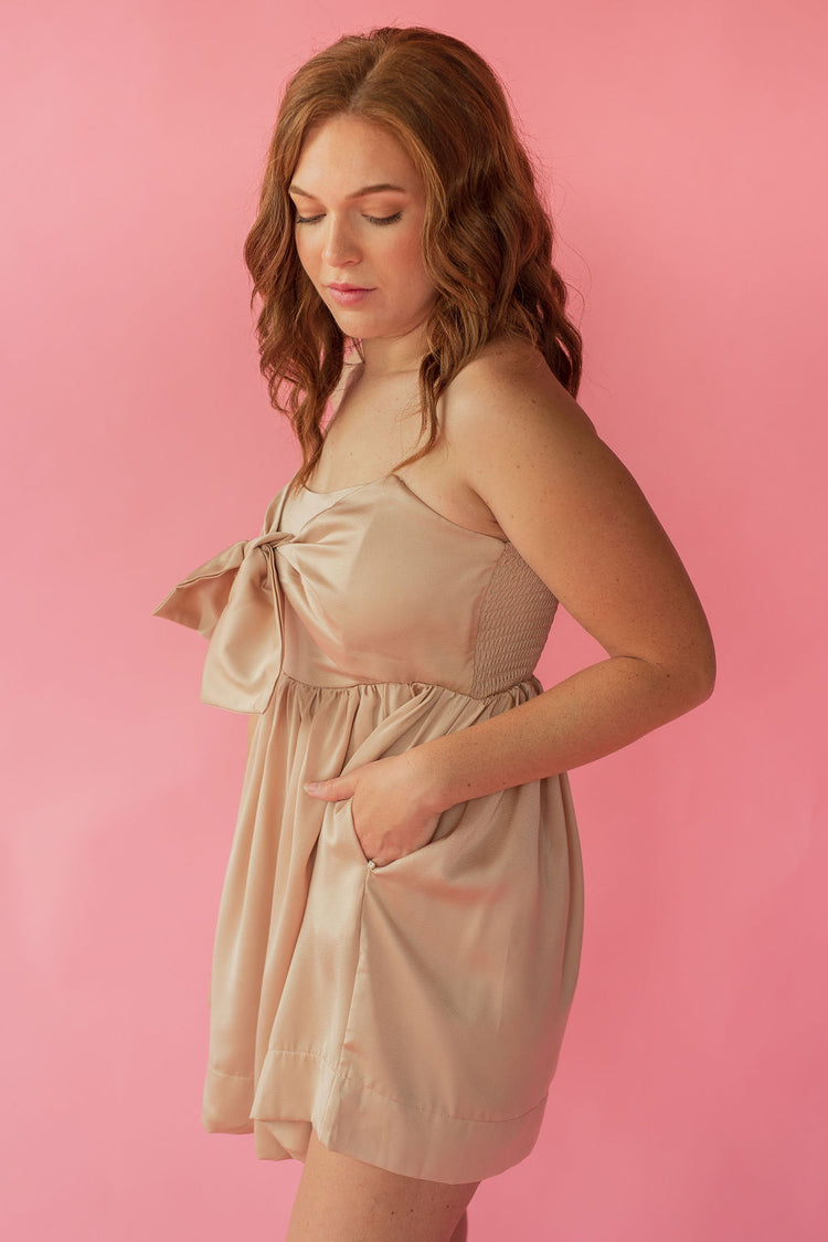 Tie Front Tube Romper Dress in Champagne
