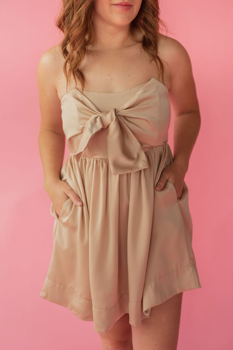 Tie Front Tube Romper Dress in Champagne
