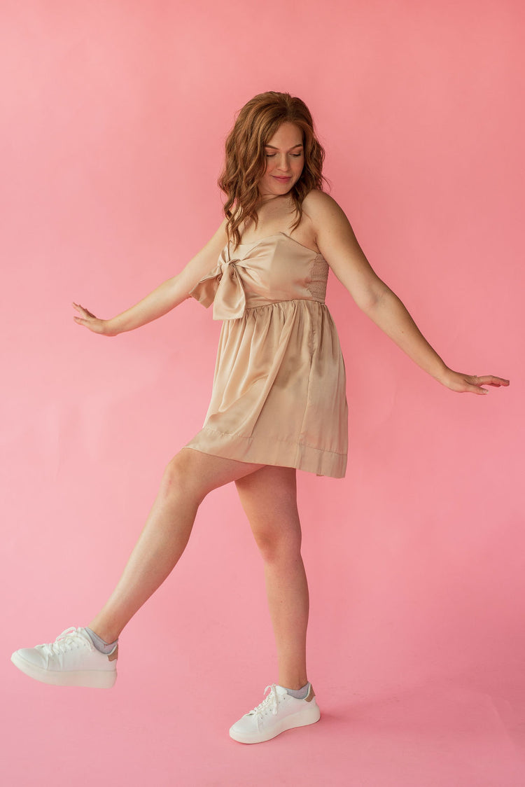 Tie Front Tube Romper Dress in Champagne