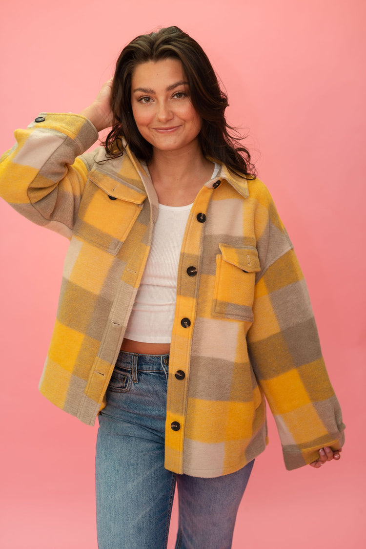 Mustard Multi Plaid Felt Button Down Shacket