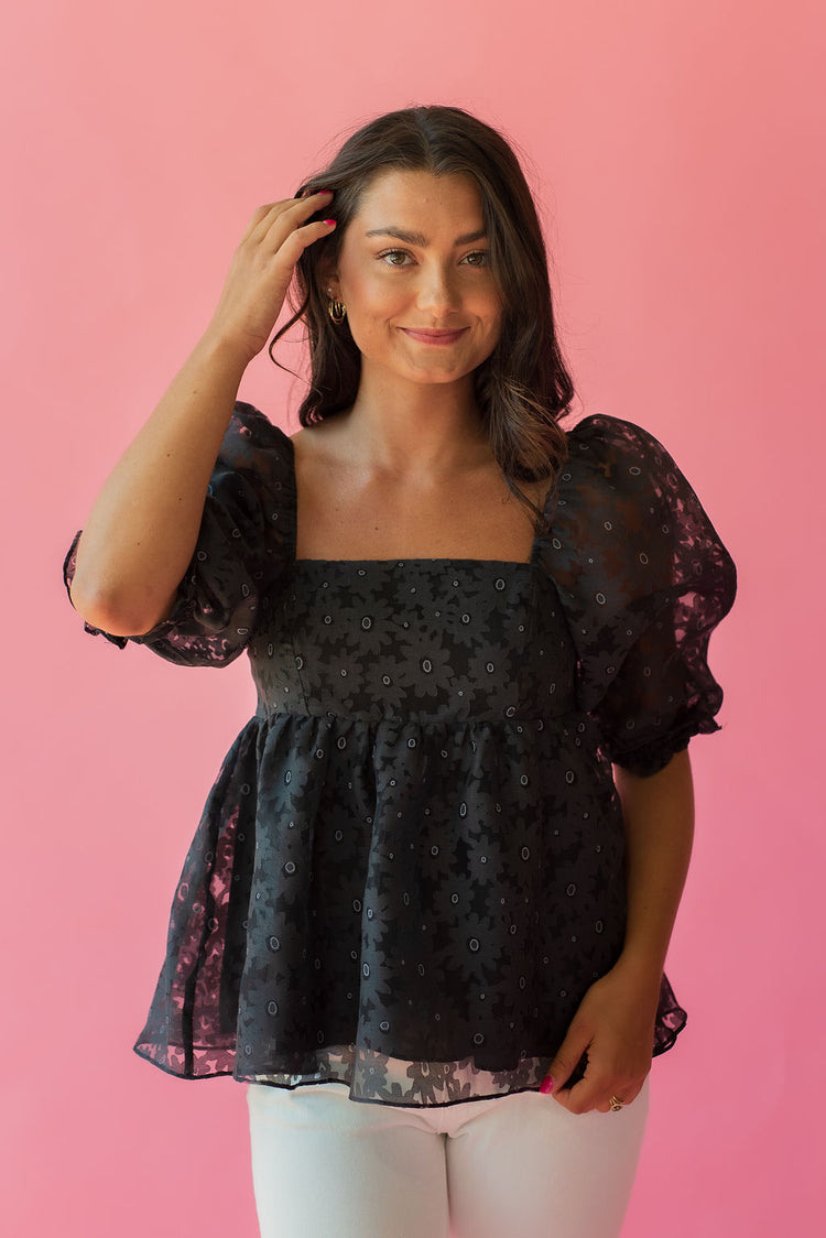 Monochromatic Daisy Print Babydoll Top