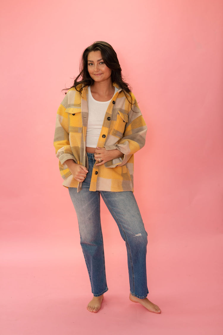Mustard Multi Plaid Felt Button Down Shacket