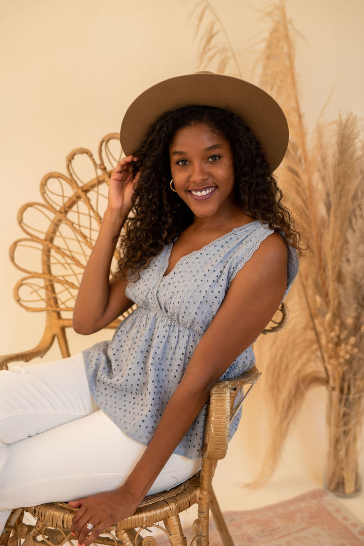 V-Neck Eyelet Peplum Top in Cloud