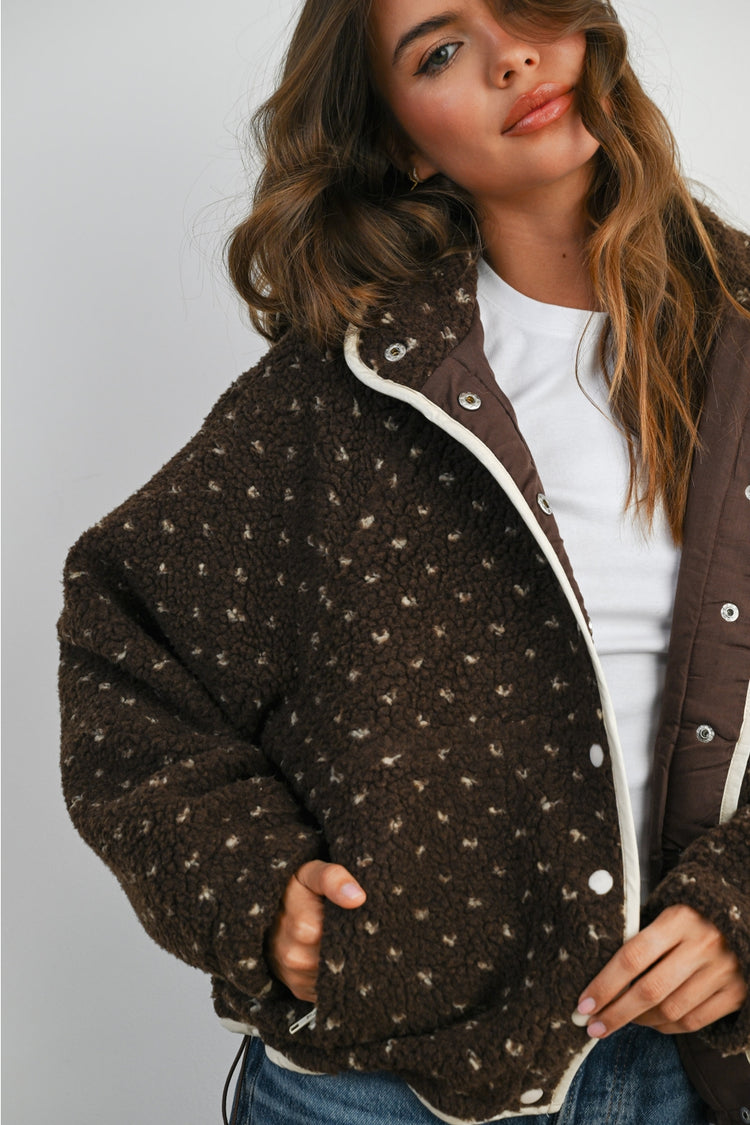 The Fern Dot Sherpa Fleece Snap Jacket in Brown & Taupe