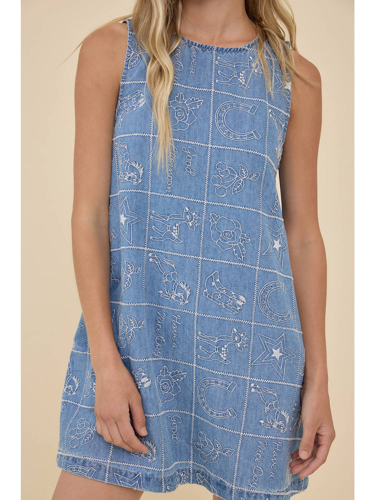 Embroidered Denim Shift Mini Dress
