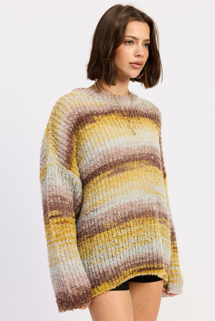 Brown and Yellow Mix Oversized Knit Striped Sweater