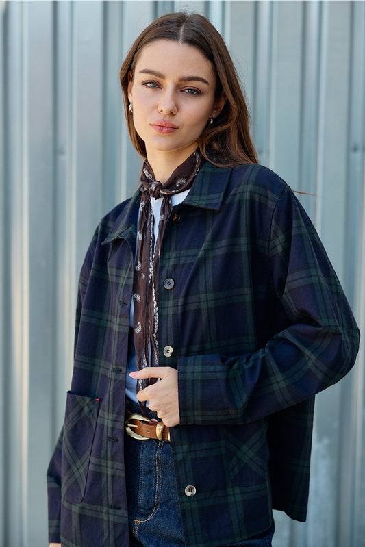 Navy Plaid Button Front Pocket Jacket