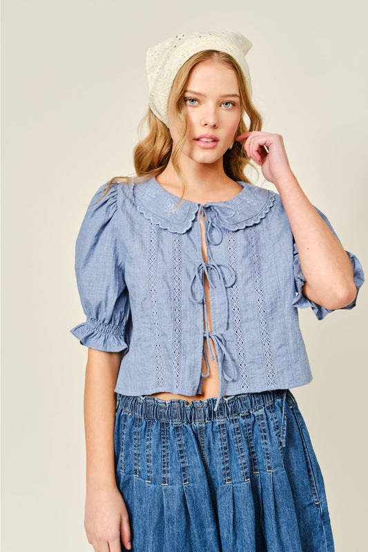 Embroidered Collar Ribbon Tie Short Sleeve Blouse