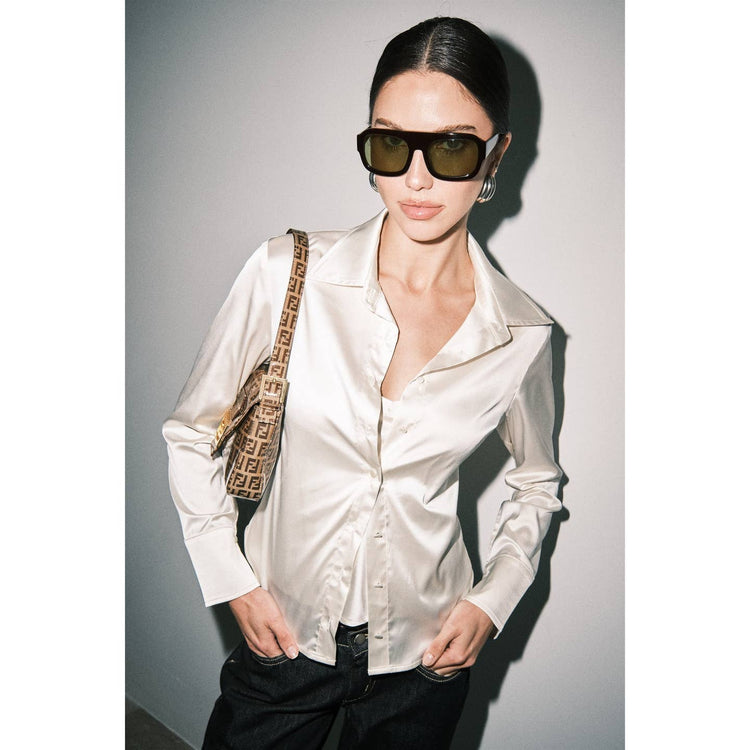 Marie Silky Satin Ruched Front Button Down Blouse