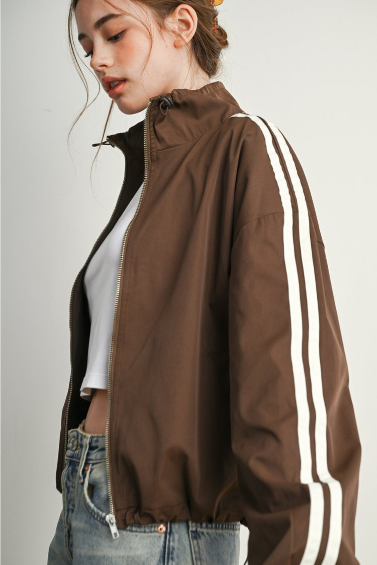 Striped Windbreaker Jacket with Drawstring Collar